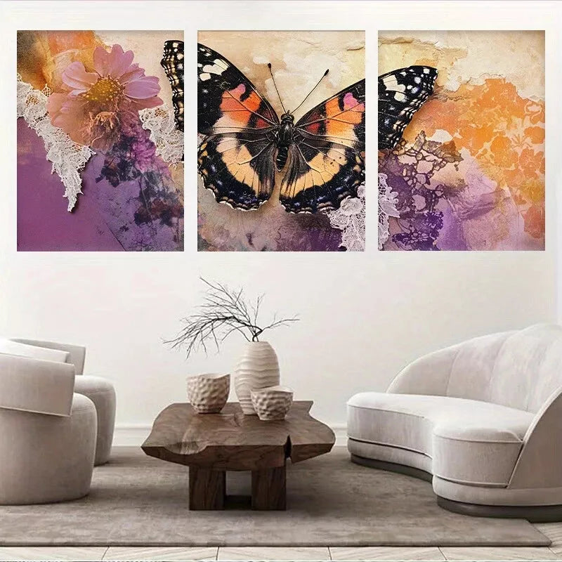 3pcs Rustic Floral Lace Vintage Butterfly Wall Art Set Canvas Framed 40x60cm - High Quality Print 100% Australian Made Wall Canvas Ready to Hang
