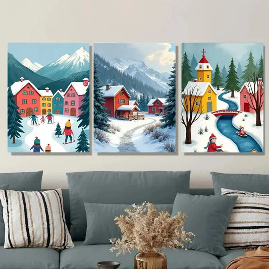 3pcs Winter Village Triptych Vibrant Snowy Metal Print Ready to Hang Art