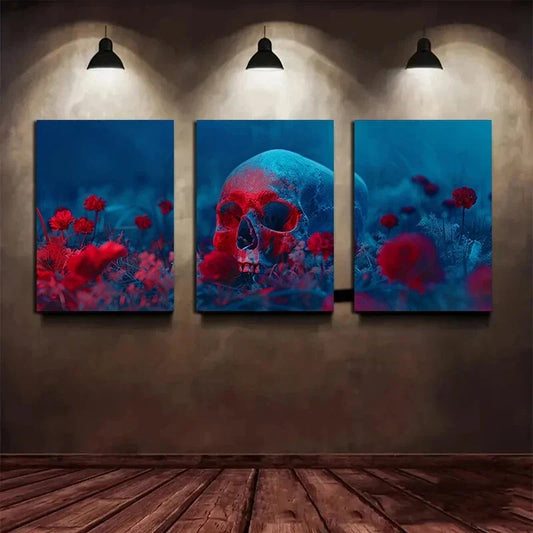 3pcs Skeleton and Flowers Red Blue Metal Print Ready to Hang Art