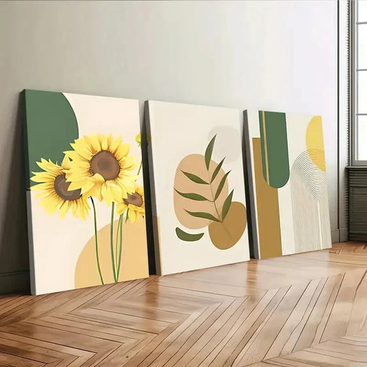 3pcs Sunflower Boho Style Green Leaves Yellow Wall Art Set Canvas Framed 40x60cm - High Quality Print 100% Australian Made Wall Canvas Ready to Hang