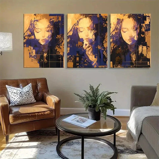 3pcs Human Face in Bold Orange & Blue Perfect Wall Art Set Canvas Framed 40x60cm - High Quality Print 100% Australian Made Wall Canvas Ready to Hang