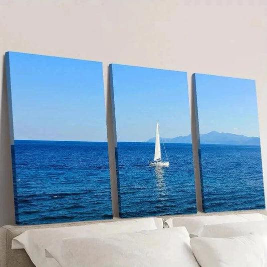 3pcs Sailing Boat in the Blue Sea Wall Art Set Canvas Framed 40x60cm - High Quality Print 100% Australian Made Wall Canvas Ready to Hang