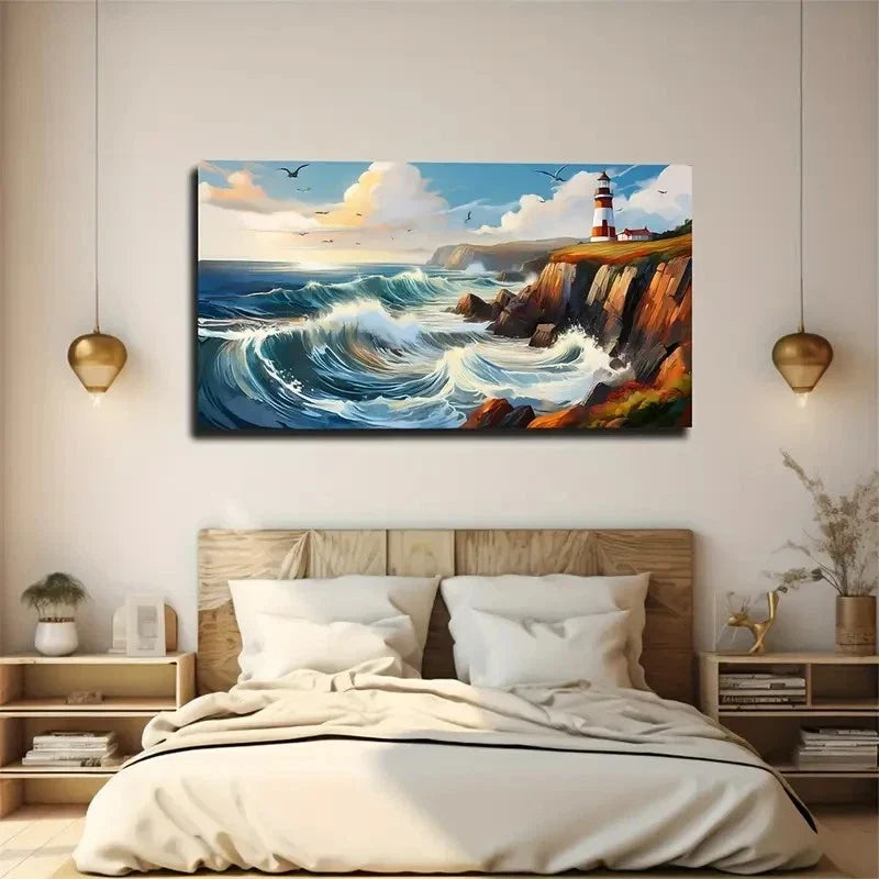 Coastal Lighthouse & Rough Sea Wall Art Canvas Office Home Room Framed 120x60cm