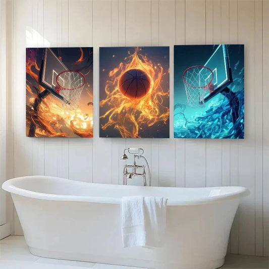 3pcs Basketball Fire and Water Themed Perfect Wall Art Set Canvas Framed 40x60cm - High Quality Print 100% Australian Made Wall Canvas Ready to Hang