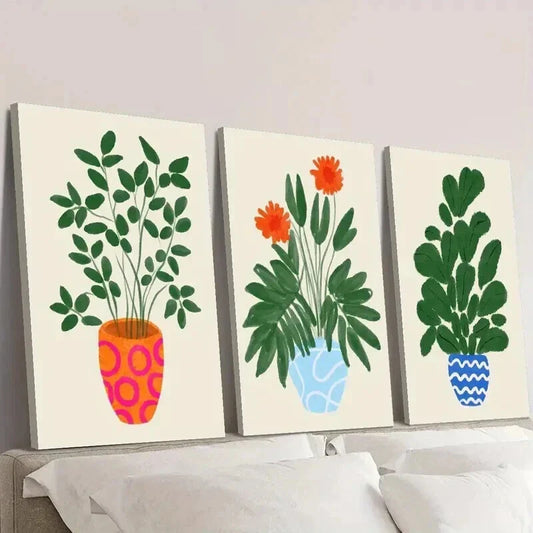 3pcs Tropical Plant Illustrations in Pots Wall Art Set Canvas Framed 40x60cm - High Quality Print 100% Australian Made Wall Canvas Ready to Hang