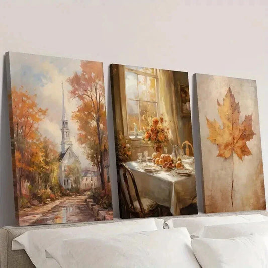 3pcs Autumn Leaves Town Landscape & Dinner Wall Art Set Canvas Framed 40x60cm - High Quality Print 100% Australian Made Wall Canvas Ready to Hang