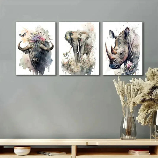 3pcs Buffalo Elephant Rhino Safari Metal Print Ready to Hang Art