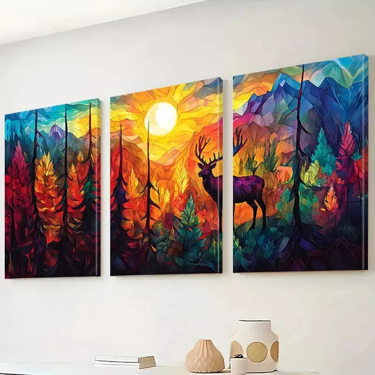 3pcs Vibrant Aesthetic Colorful Sunset Deer Wall Art Set Canvas Framed 40x60cm - High Quality Print 100% Australian Made Wall Canvas Ready to Hang