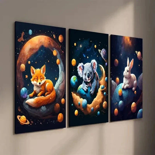 3pcs Fox Koala & Rabbit with Fantasy Planet Wall Art Set Canvas Framed 40x60cm - High Quality Print 100% Australian Made Wall Canvas Ready to Hang