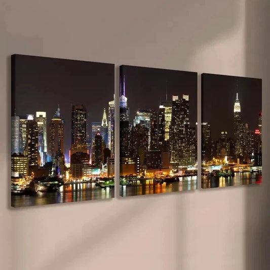 3pcs Modern Nighttime City Skyline Wall Art Set Canvas Framed 40x60cm - High Quality Print 100% Australian Made Wall Canvas Ready to Hang