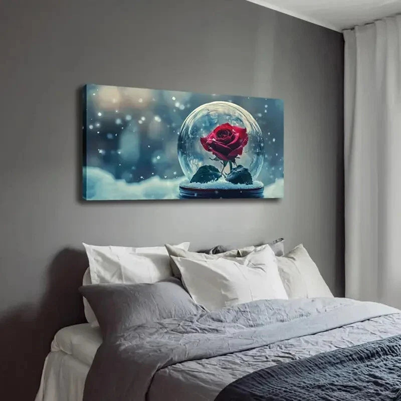 Red Rose in Snow Globe Modern Wall Art Canvas Office Home Room Framed 120x60cm