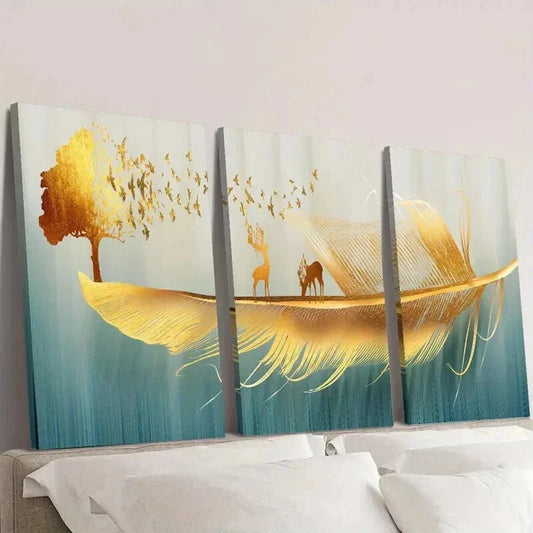 3pcs Feathers Reindeer Birds Money Tree Wall Art Set Canvas Framed 40x60cm - High Quality Print 100% Australian Made Wall Canvas Ready to Hang