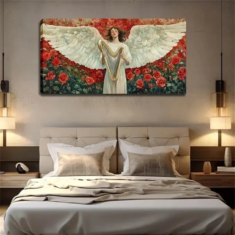 Angel Holding Harp with Roses Wall Art Canvas Office Home Room Framed 120x60cm