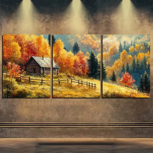 3pcs Autumn Wooden House Nature Beauty Perfect Wall Art Set Canvas Framed 40x60cm - High Quality Print 100% Australian Made Wall Canvas Ready to Hang