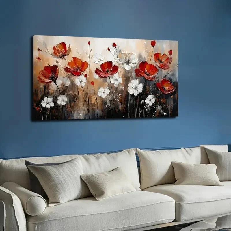 Vibrant Red & White Floral Wall Art canvas office home room framed 120x60cm