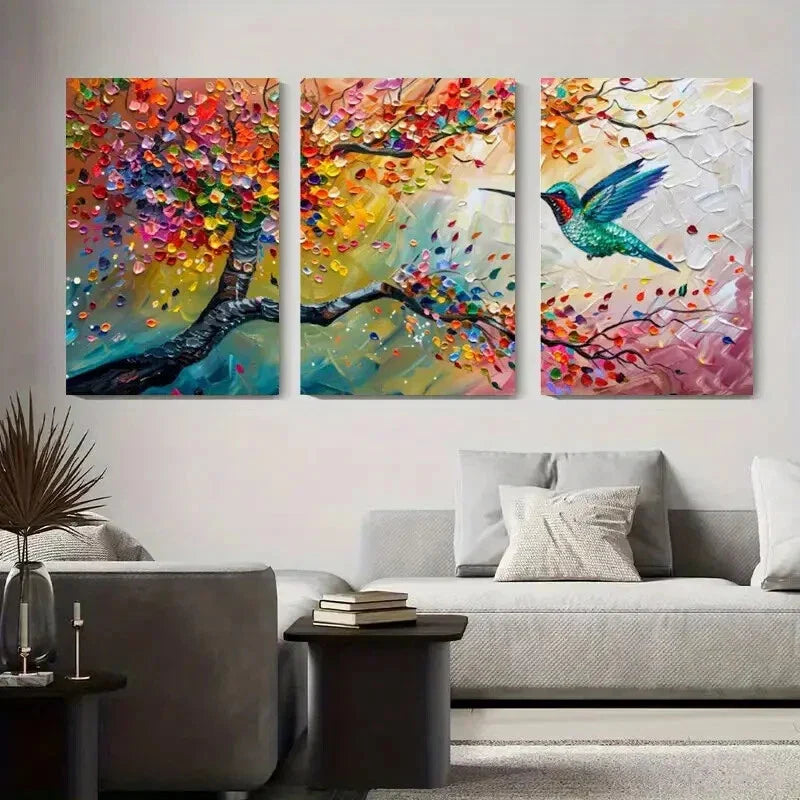 3pcs Vibrant Floral Tree & Hummingbird Nature Metal Print Ready to Hang Art