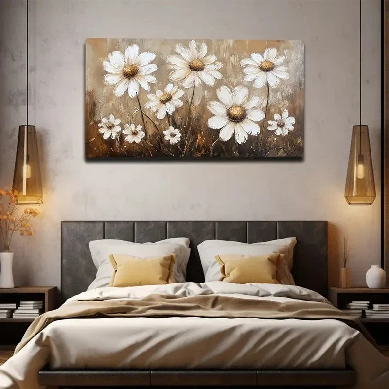 Vibrant White Daisies Golden Wall Art canvas office home room framed 120x60cm