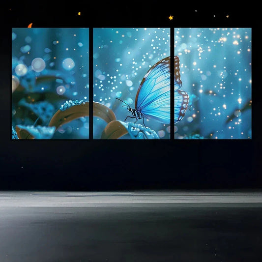 3pcs Blue Butterfly Embossed Relief Metal Print Ready to Hang Art