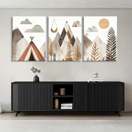 3pcs Boho Mountain Landscape Geometric Perfect Wall Art Set Canvas Framed 40x60cm - High Quality Print 100% Australian Made Wall Canvas Ready to Hang