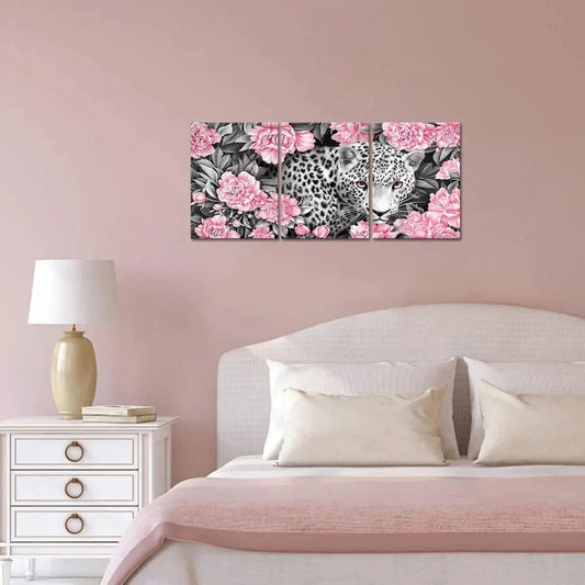 3pcs Black & White Leopard with Pink Peonies Metal Print Ready to Hang Art