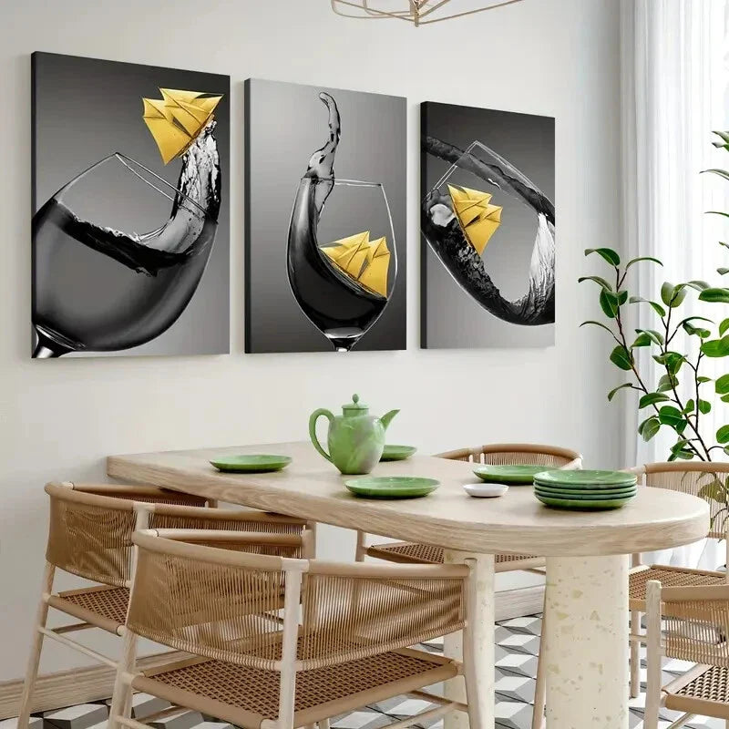 3pcs Abstract Black & Yellow Accents Wine Glass Wall Art Set Canvas Framed 40x60cm - High Quality Print 100% Australian Made Wall Canvas Ready to Hang