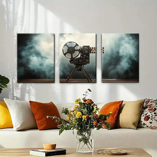 3pcs Vintage Film Projector Design Perfect Wall Art Set Canvas Framed 40x60cm - High Quality Print 100% Australian Made Wall Canvas Ready to Hang