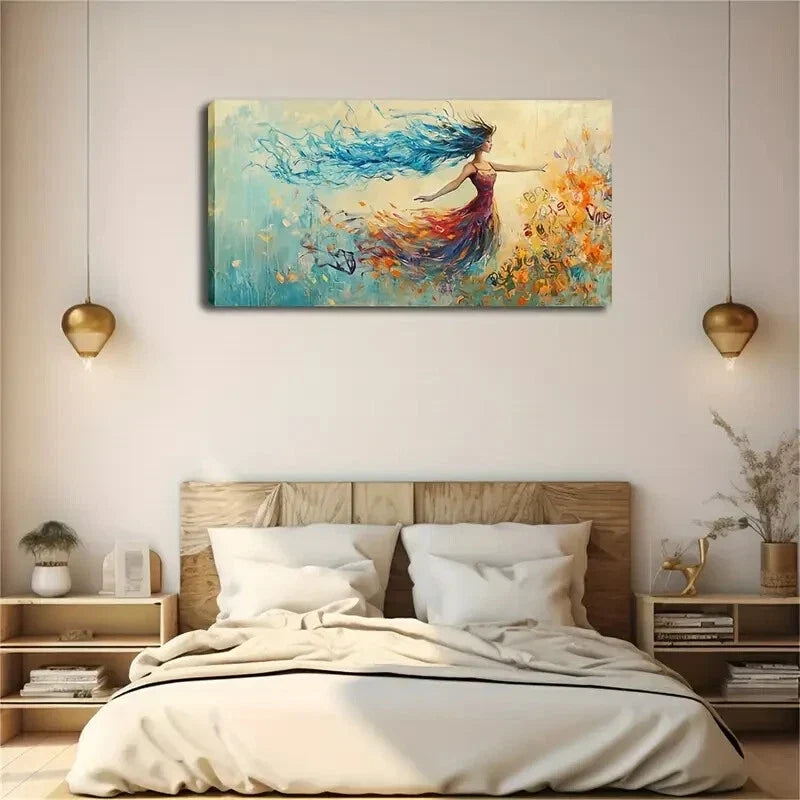 Blue Hair & Colorful Skirt Fly Wall Art Canvas Office Home Room Framed 120x60cm