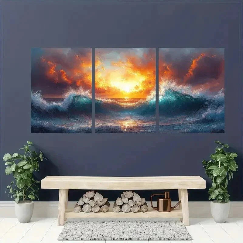 3pcs Abstract Depiction Of Ocean Waves Wall Art Set Canvas Framed 40x60cm - High Quality Print 100% Australian Made Wall Canvas Ready to Hang