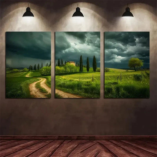 3pcs Green Grass and Trees Black Sky Metal Print Ready to Hang Art