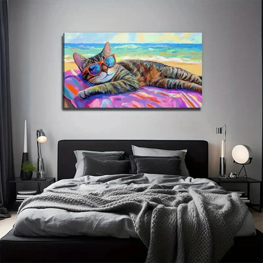 Vibrant Beach Cat Decor Wall Art Canvas Office Home Room Framed 80x45cm