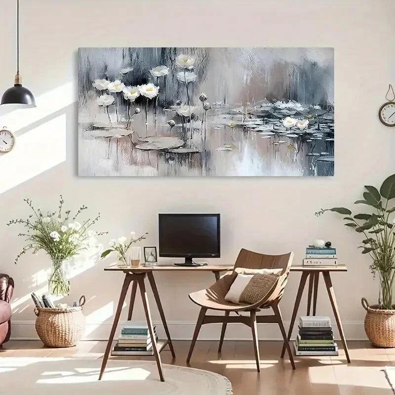 Abstract Water Lily White Gray Wall Art Canvas Office Home Room Framed 80x45cm