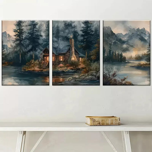 3pcs Modern Forest Mountain Cabin Landscape Wall Art Set Canvas Framed 40x60cm - High Quality Print 100% Australian Made Wall Canvas Ready to Hang