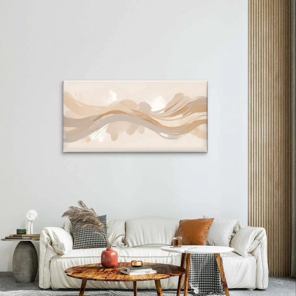 Neutral Beige Brush Stroke Waves Wall Art Canvas Office Home Framed 80x45cm