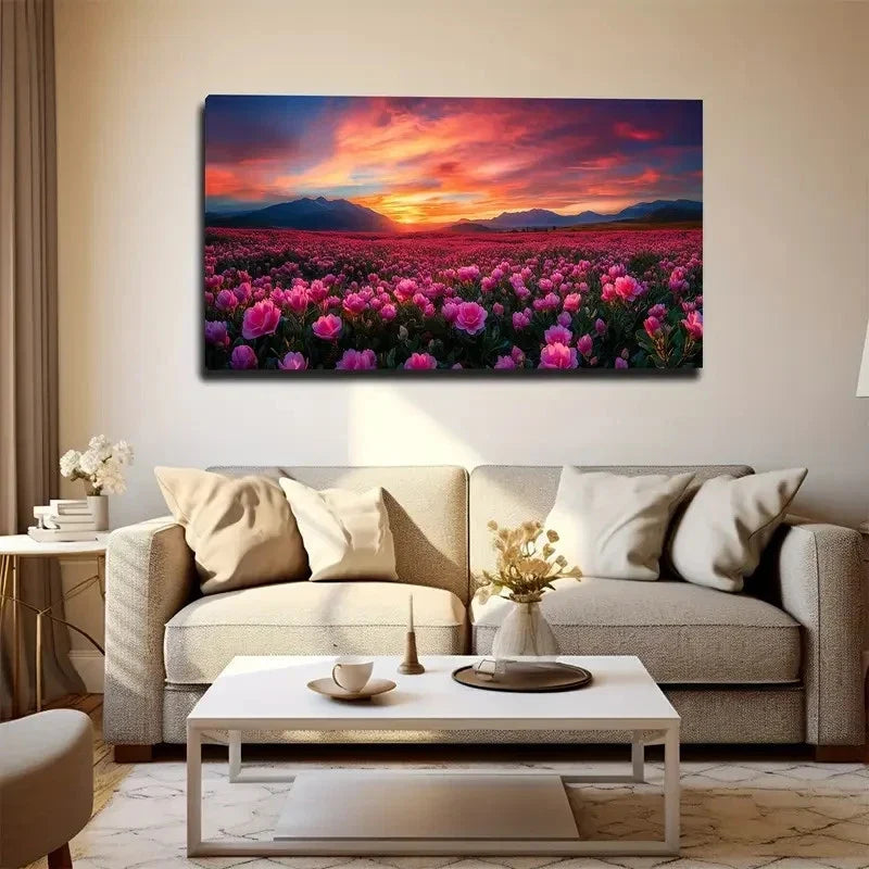 Pink Peony Field Suitable Wall Art canvas office home room framed 80x45cm