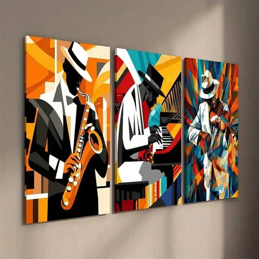 3pcs Jazz Saxophone Violin Player Pianist Wall Art Set Canvas Framed 40x60cm - High Quality Print 100% Australian Made Wall Canvas Ready to Hang