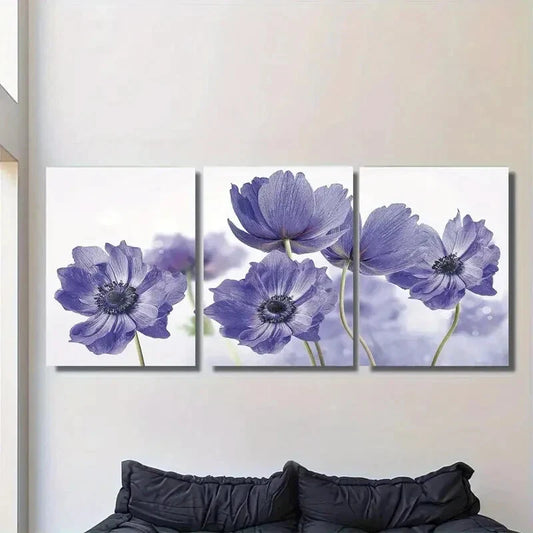 3pcs Panel Purple Flower Classic Floral Metal Print Ready to Hang Art