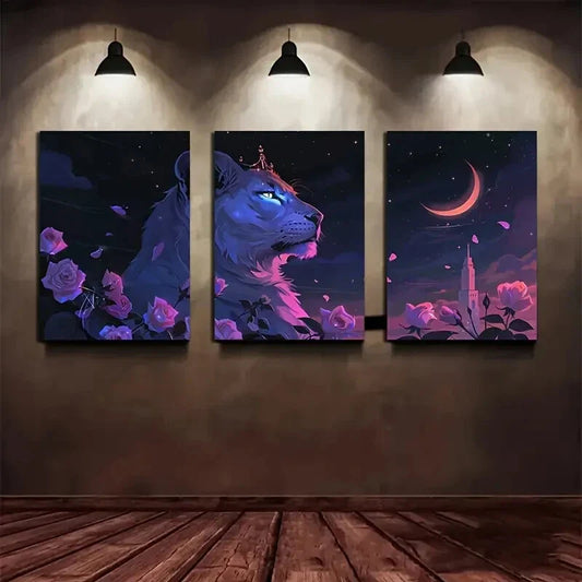 3pcs White Lion Glowing Eyes Moon Metal Print Ready to Hang Art