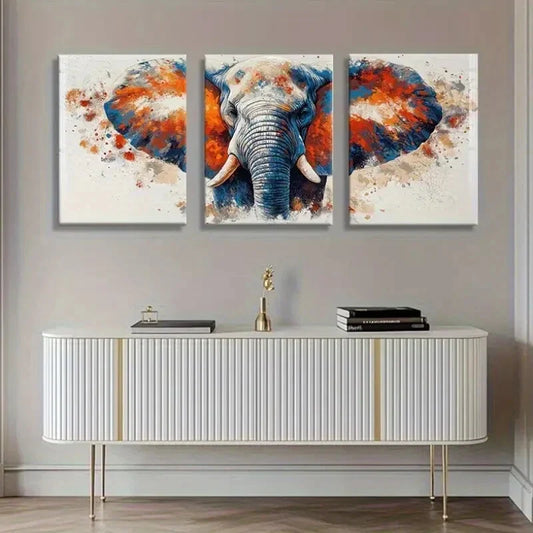 3pcs Vibrant Orange & Blue Elephant Metal Print Ready to Hang Art