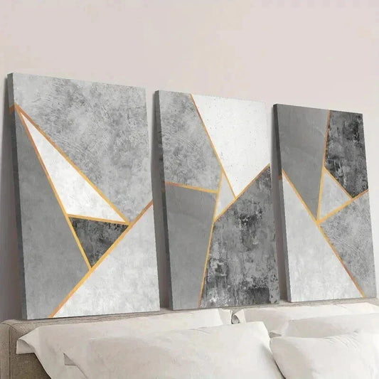 3pcs Grey and Golden Geometric Designs Wall Art Set Canvas Framed 40x60cm - High Quality Print 100% Australian Made Wall Canvas Ready to Hang