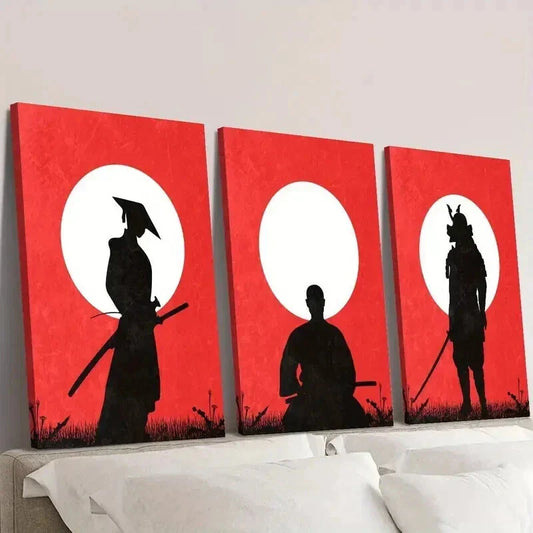 3pcs Red Samurai Silhouette with Sword Wall Art Set Canvas Framed 40x60cm - High Quality Print 100% Australian Made Wall Canvas Ready to Hang