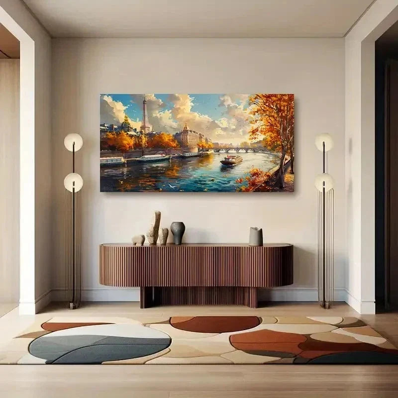 Retro Autumn Village Wall Art Canvas Office Home Room Framed 80x45cm