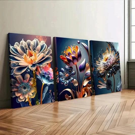3pcs Modern Colourful Florals & Leaves Blue Gold Wall Art Set Canvas Framed 40x60cm - High Quality Print 100% Australian Made Wall Canvas Ready to Hang