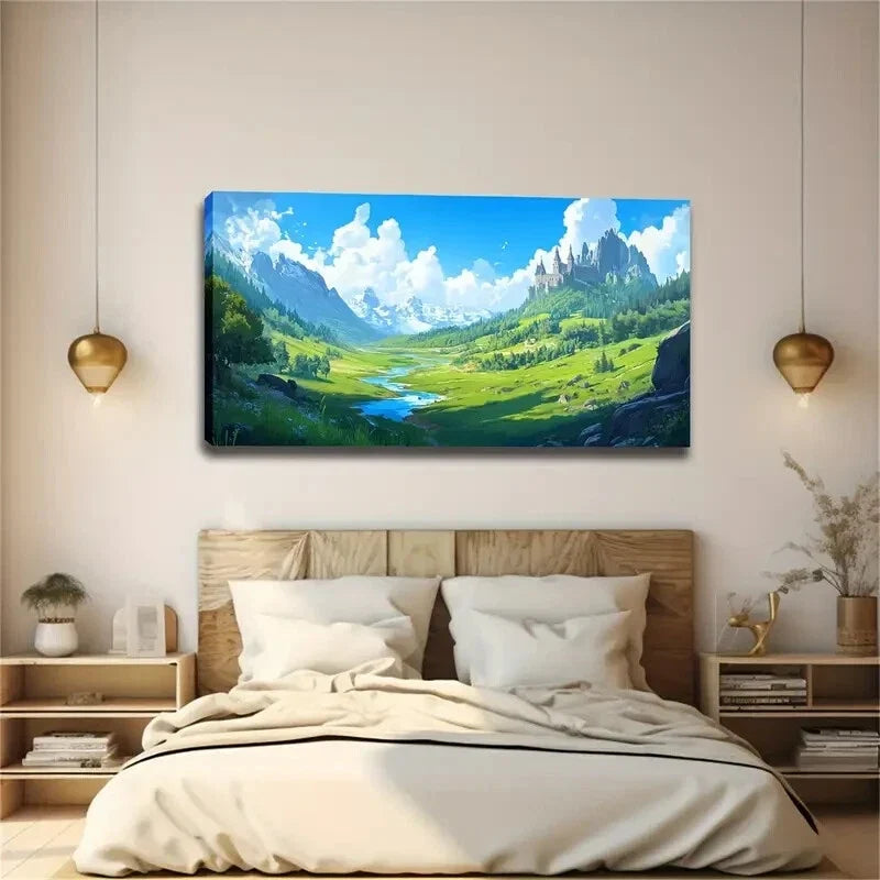 Serene Green Valley & River Wall Art canvas office home room framed 120x60cm