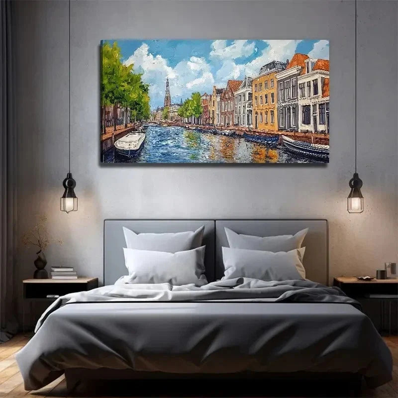 Romantic River Cityscape Wall Art Canvas Office Home Room Framed 80x45cm