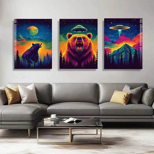3pcs Wild Bear UFO and Cosmic Landscape Perfect Wall Art Set Canvas Framed 40x60cm - High Quality Print 100% Australian Made Wall Canvas Ready to Hang