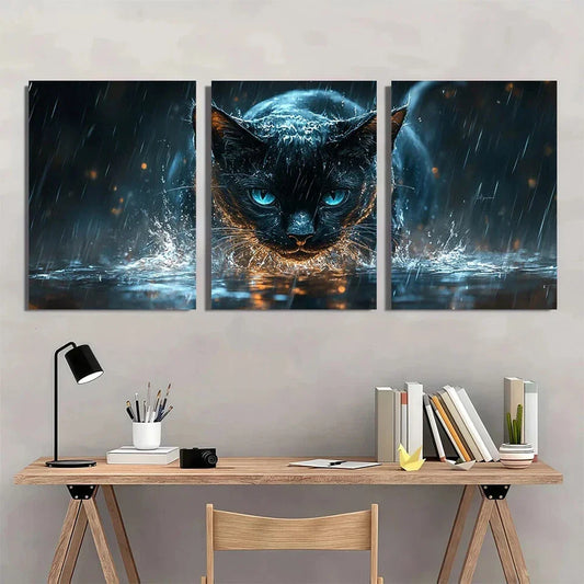3pcs Black Cat Shark Animal Theme Metal Print Ready to Hang Art