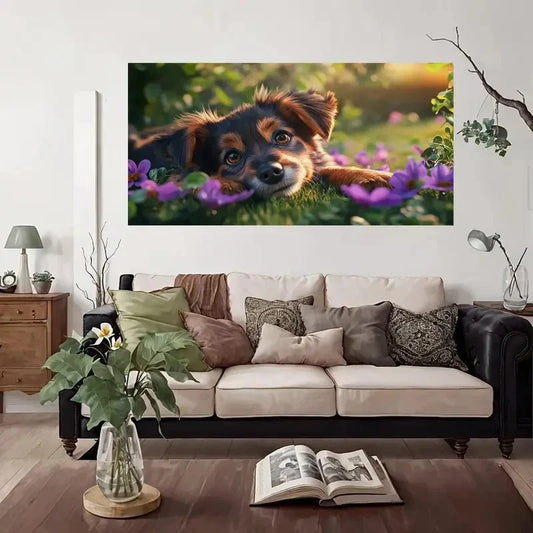 Cute Dog Garden Nature Wall Art Canvas Office Home Room Framed 80x45cm