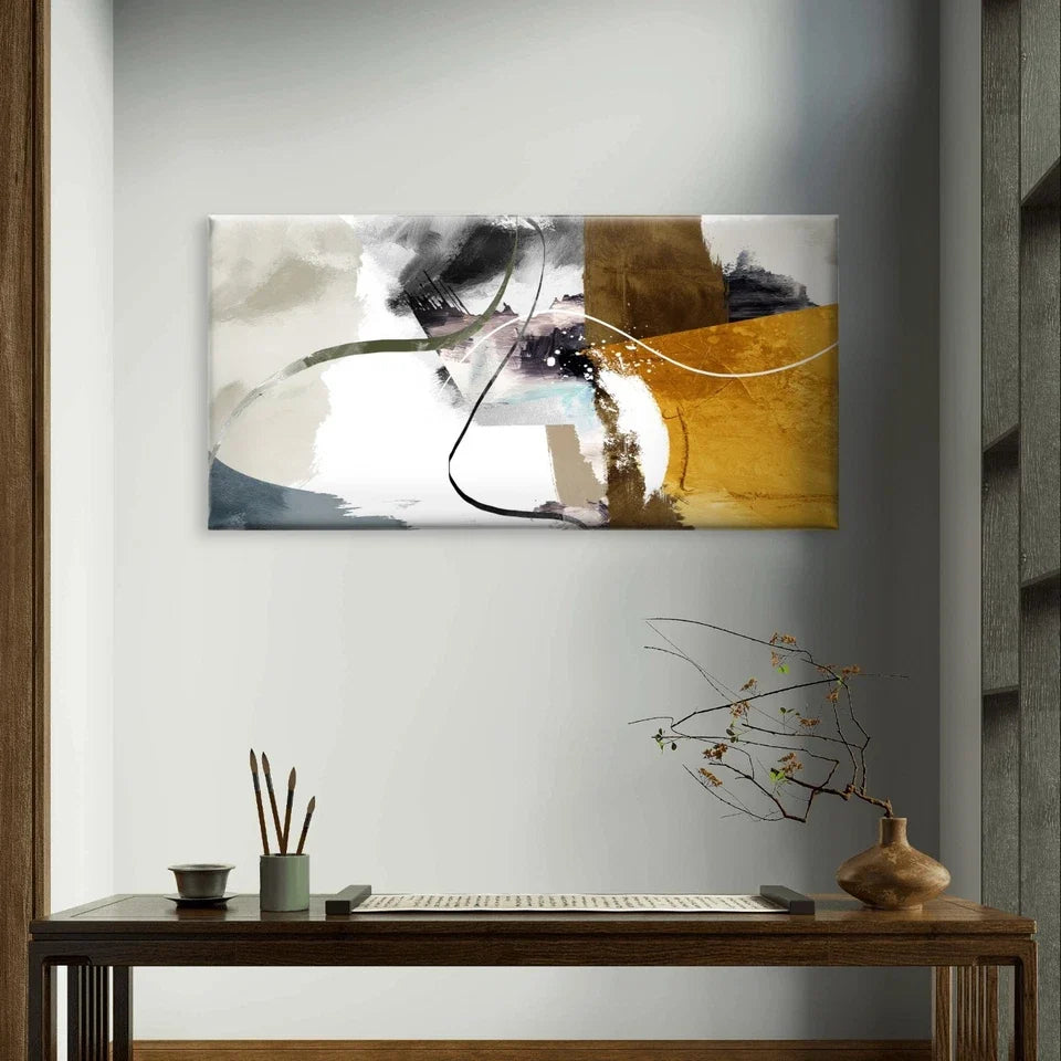 Yellow & Grey Modern Textured Wall Art Canvas Office Home Framed 120x60cm