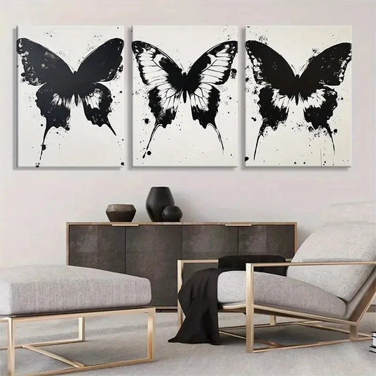 3pcs Black and White Butterfly Décor Perfect Wall Art Set Canvas Framed 40x60cm - High Quality Print 100% Australian Made Wall Canvas Ready to Hang