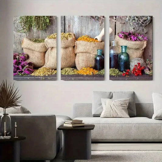 3pcs Dried Herbs & Glass Bottles, Vintage Nature Metal Print Ready to Hang Art